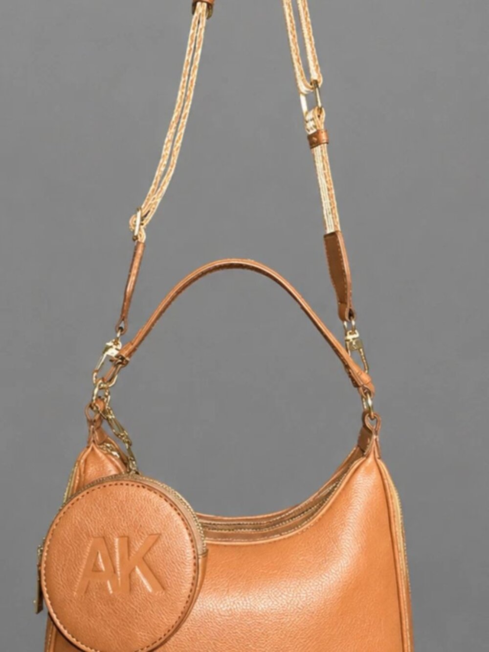 Anne Klein Tan Faux Leather Crossbody Shoulder Bag Detachable Pouch Gold Logo